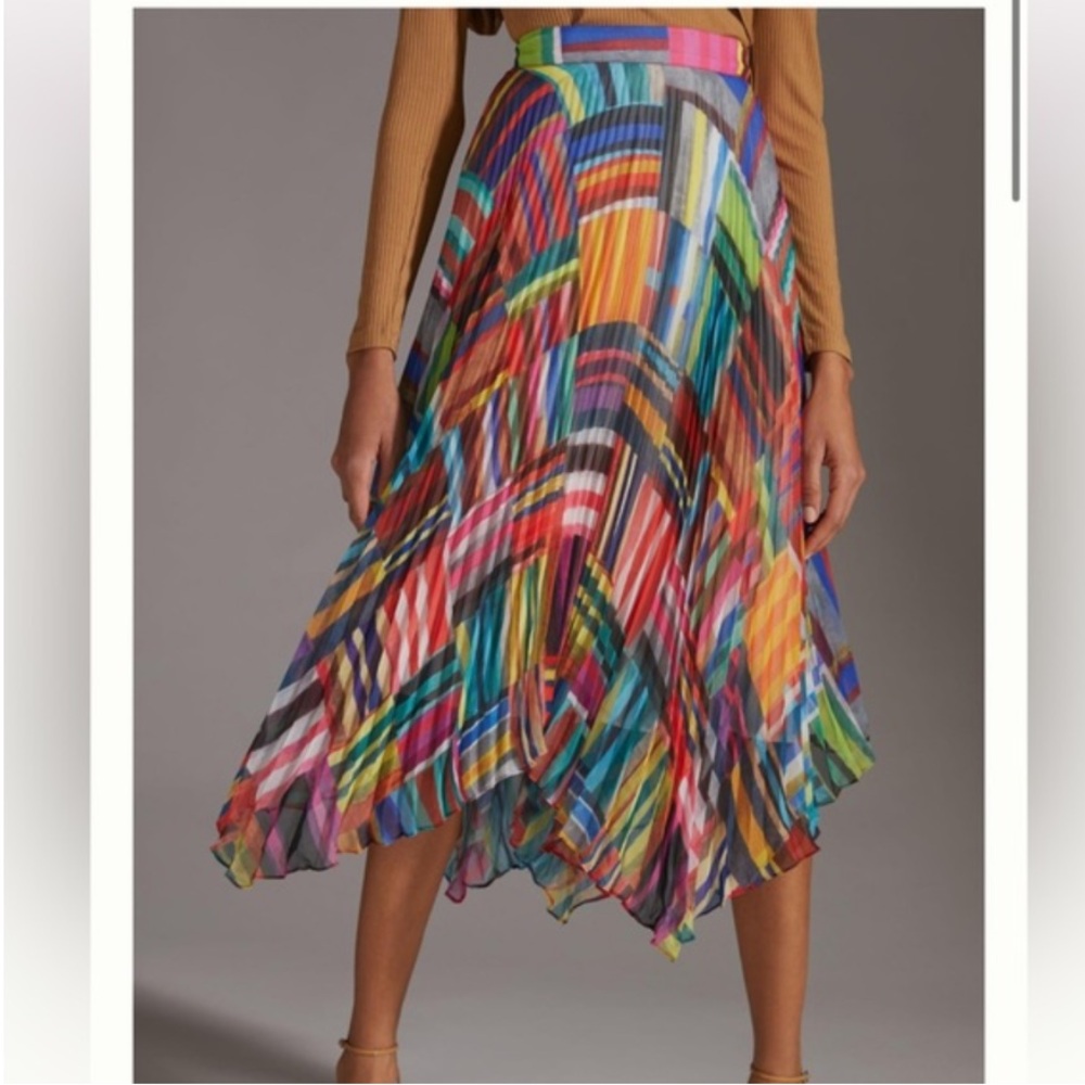 Anthropologie Ranna Gill Pleated Chiffon Printed Multicolor Midi Skirt Small